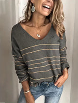 Pull Femme Col V Rayé Décontracté 1