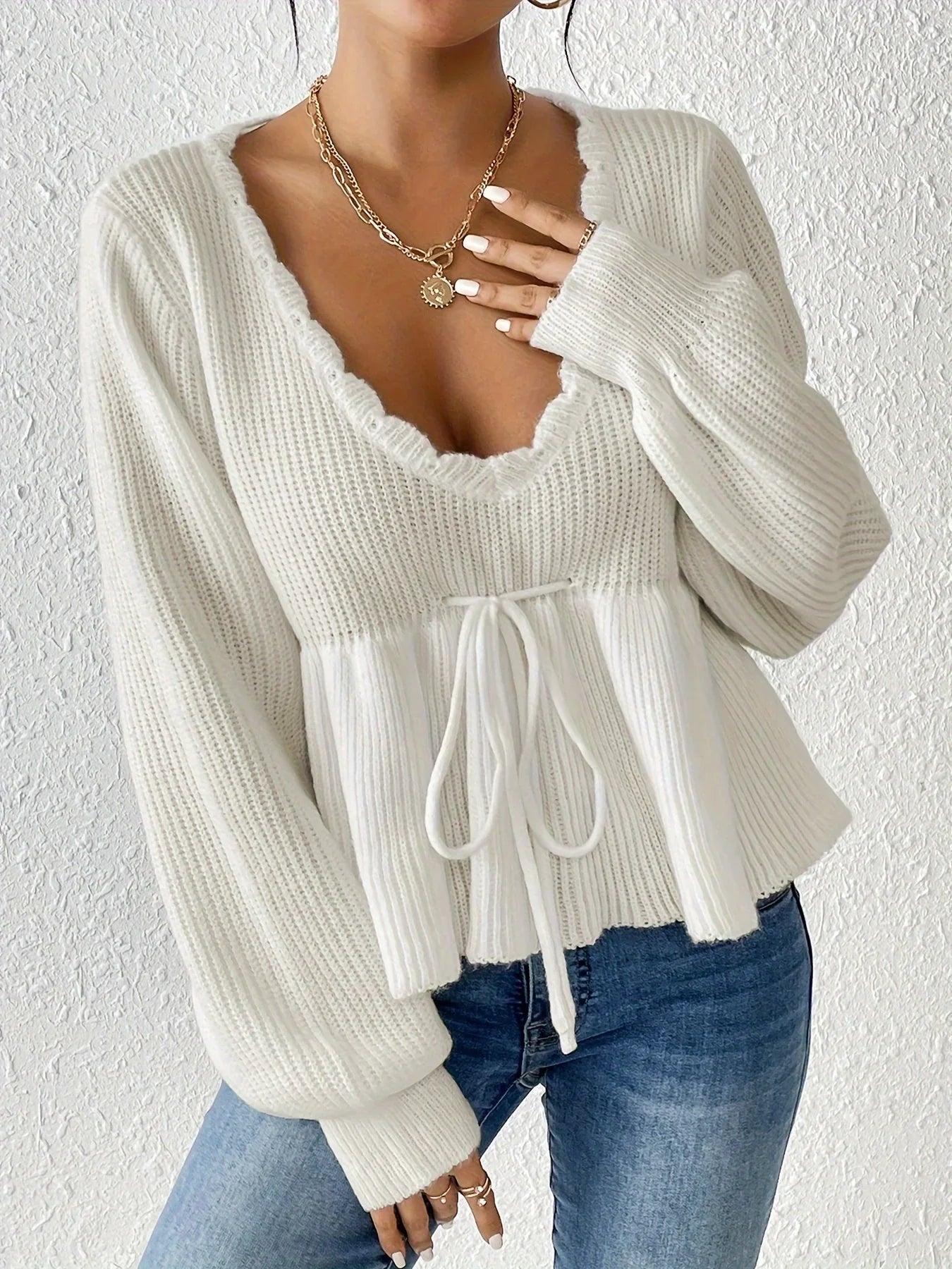 Pull Femme Décontracté Col en V Volant 0