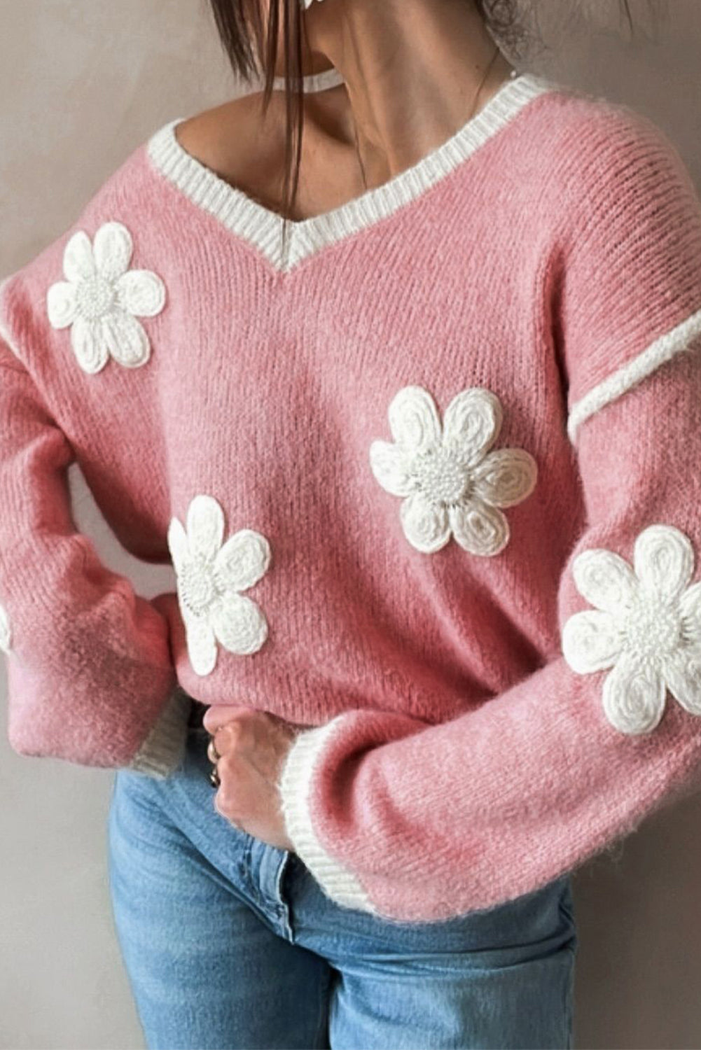 Pull Femme Élégant à Col V Fleuri 0