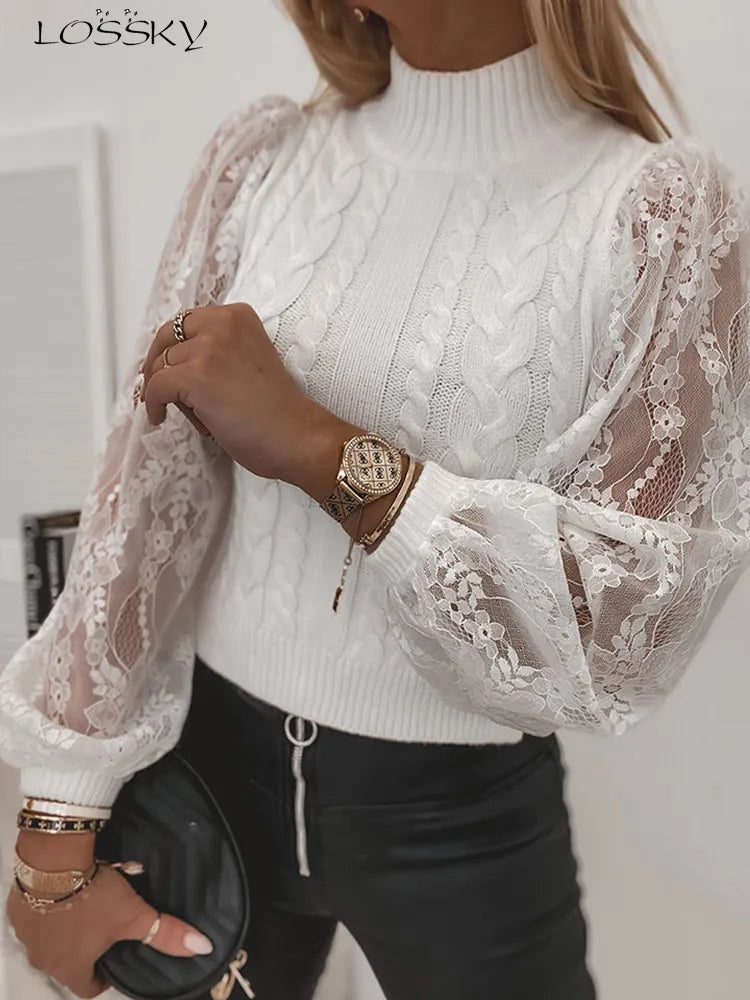 Pull Femme Élégant à Manches en Dentelle 1