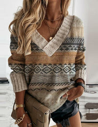 Pull Femme Léger Patchwork Polyester Col En V