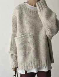 Damenpullover Oversize Elfenbein mit Tasche Acryl
