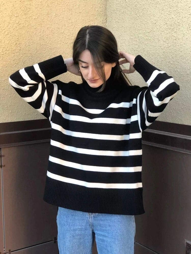 Pull Femme Oversize à Col Haut Rayé 5