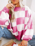 Damski sweter w kratę dwukolorową, casual, moda jesień-zima