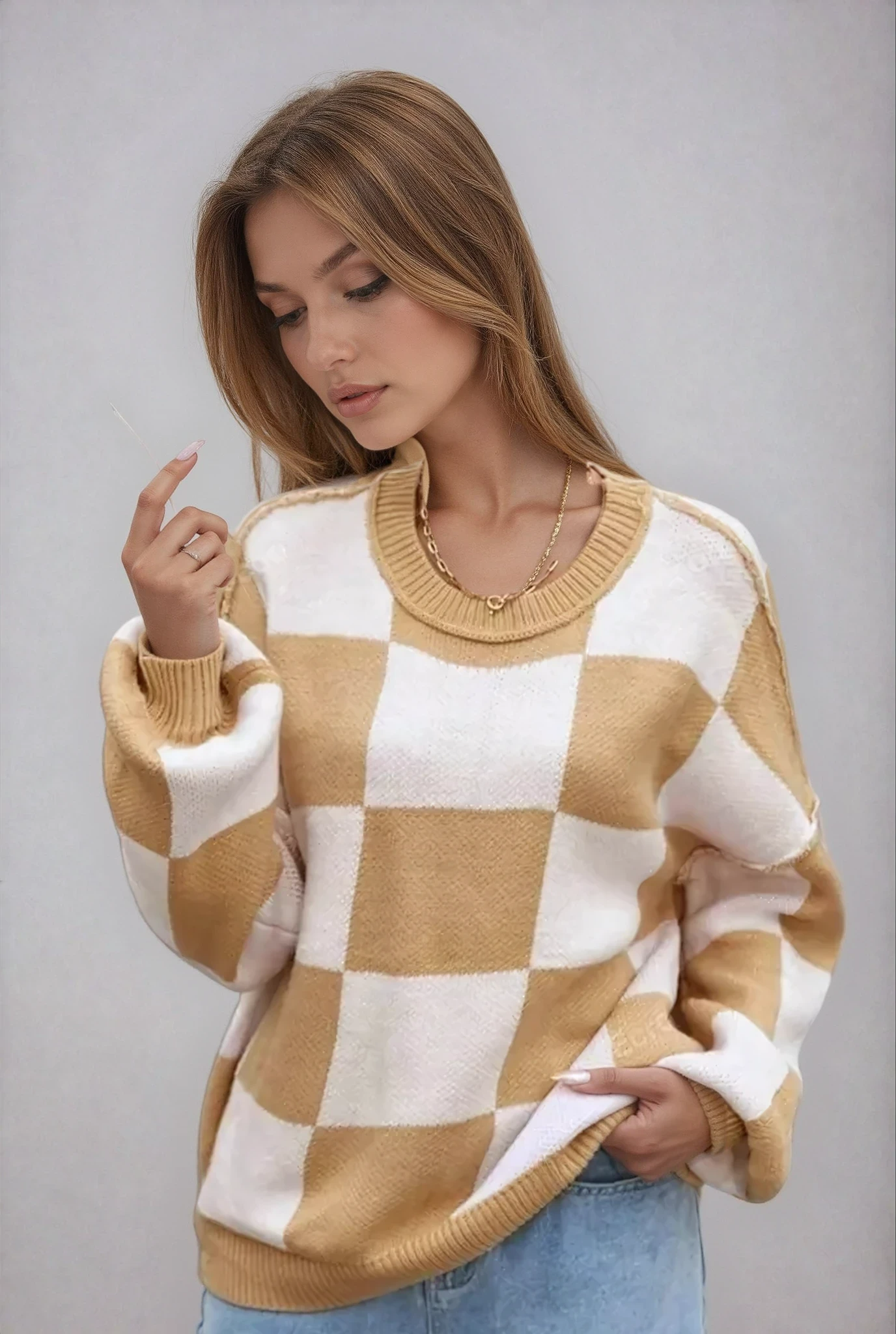 Pull Femme Plaid Bicolore Décontracté 1