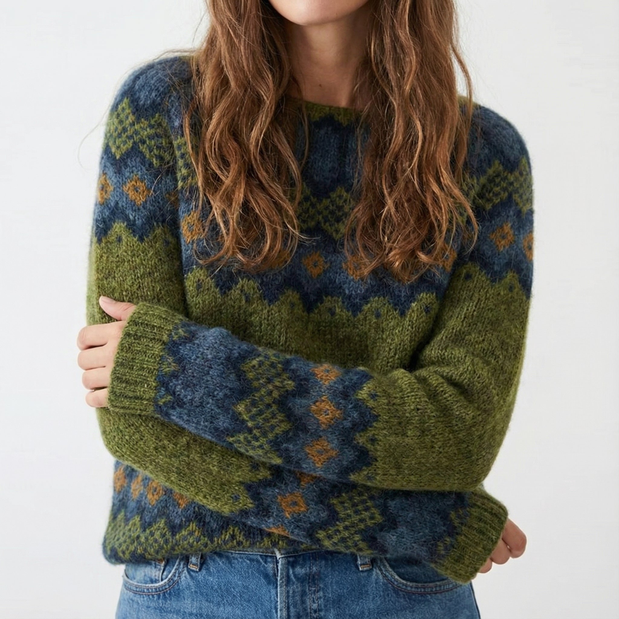 Miękki sweter damski w stylu retro z motywem skandynawskim, wielokolorowy