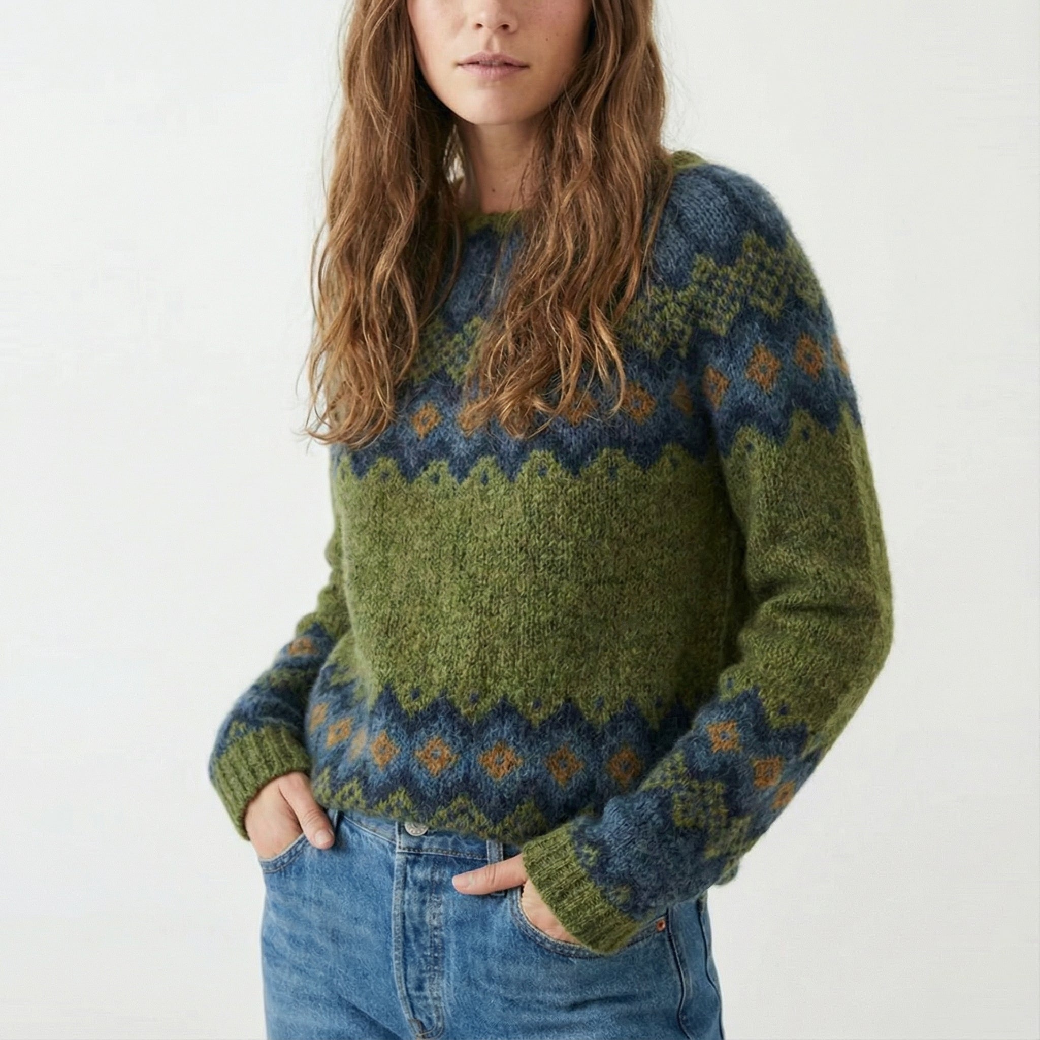 Miękki sweter damski w stylu retro z motywem skandynawskim, wielokolorowy