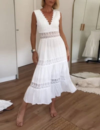 Robe Longue Bohème Femme Été Dentelle Blanche Coton Fluide