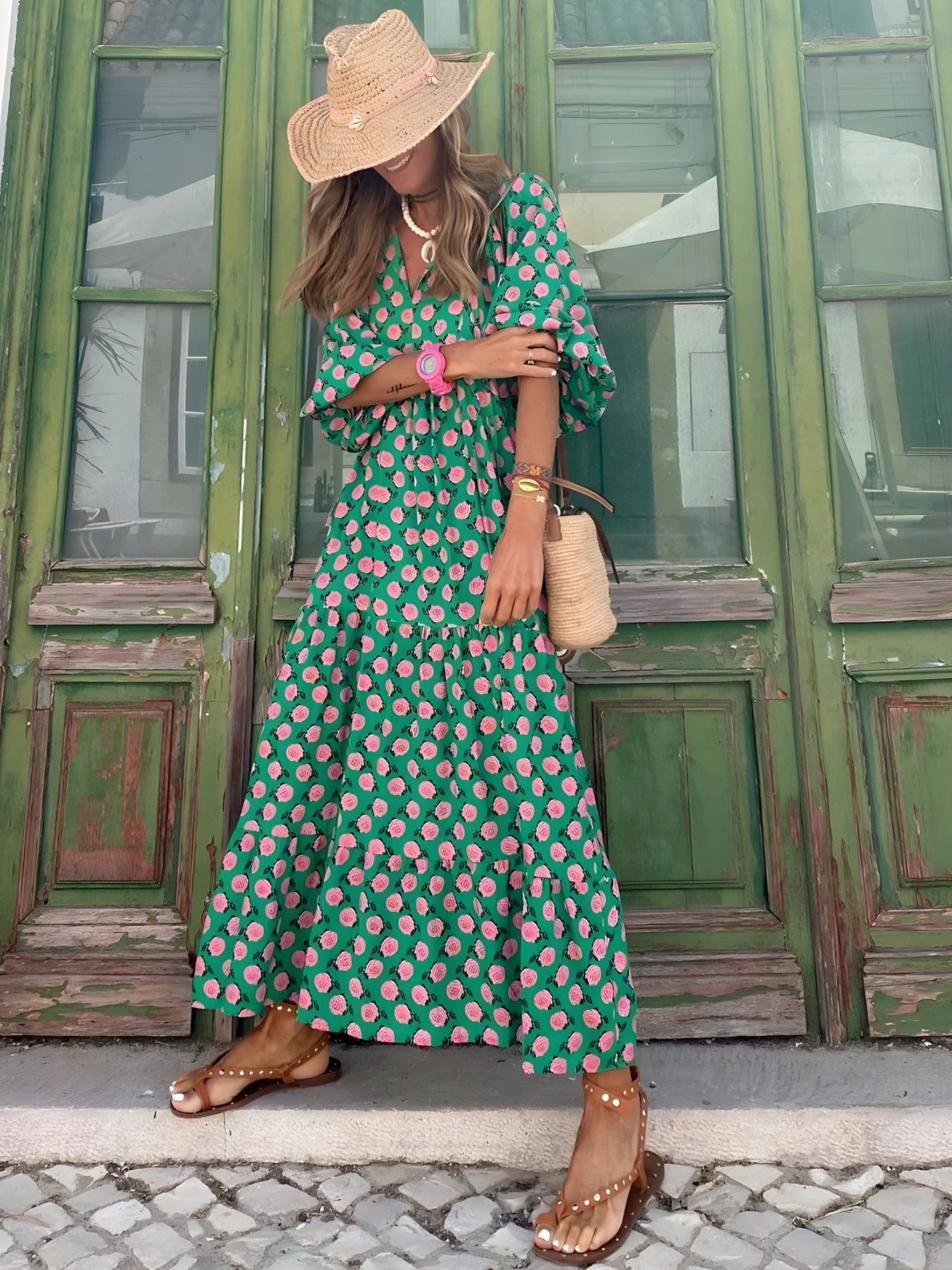 Długa sukienka damska boho w kwiaty, maxi na lato, zwiewna i lekka