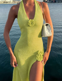 Damen Langes Kleid mit V-Ausschnitt Sommer Baumwolle