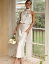 Maxikleid Damen Satin Elegant für Abend, Hochzeit oder Zeremonie
