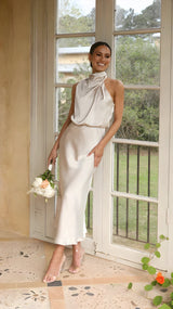 dresses : Edna | Robe Longue Femme Satinée Élégante pour Soirée in Champagne van Seroa