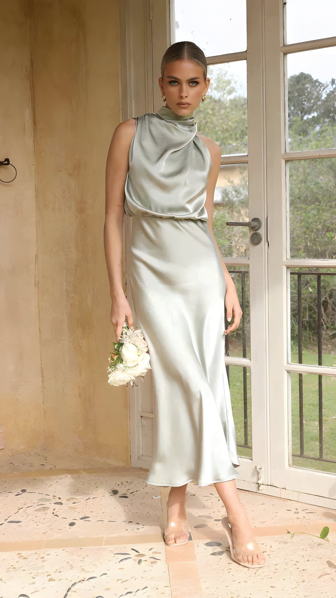 dresses : Edna | Robe Longue Femme Satinée Élégante pour Soirée in Olive van Seroa