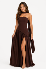Robe Longue Fendue Femme avec Dos Lacé et Écharpe Assortie