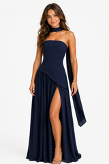 Robe Longue Fendue Femme avec Dos Lacé et Écharpe Assortie