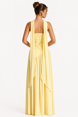 Robe Longue Fendue Femme avec Dos Lacé et Écharpe Assortie
