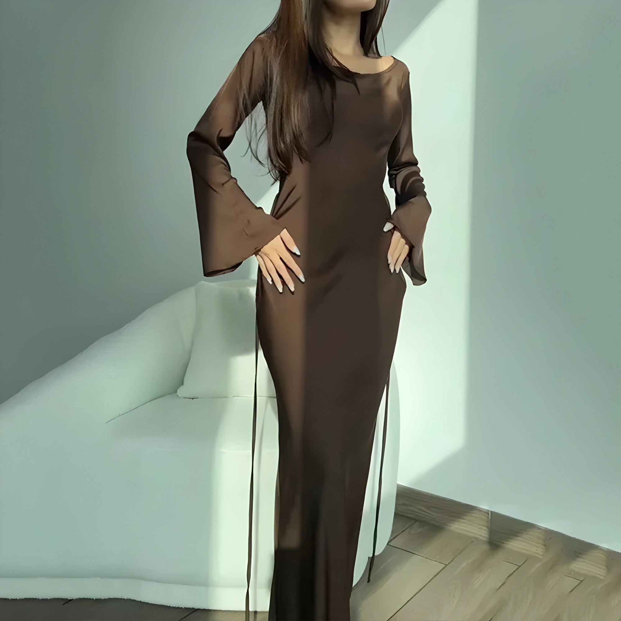 dresses : Jolenta | Robe Longue Satinée Femme Maxi Élégante in Marron van Seroa
