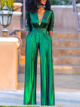 dresses : Sara – Combinaison Émeraude Métallique Élégante à Jambes Larges in van Seroa