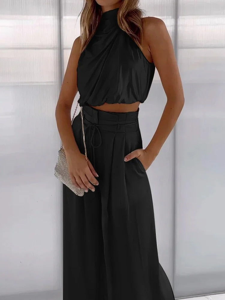 dresses : Isabelle - Ensemble Élégant Pantalon Taille Haute à Jambe Large & Top Drapé Dos Nu in Noir van Seroa