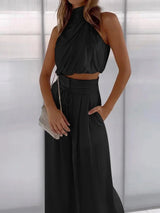 dresses : Isabelle - Ensemble Élégant Pantalon Taille Haute à Jambe Large & Top Drapé Dos Nu in Noir van Seroa