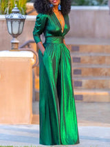 dresses : Sara – Combinaison Émeraude Métallique Élégante à Jambes Larges in Vert van Seroa