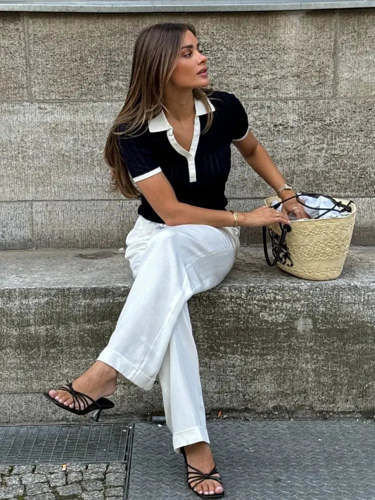 top blouses : Sophie - Top Polo Stylé en Maille à Rayures in van Seroa