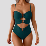 Sexy goldener einteiliger Badeanzug für Damen, tiefer Ausschnitt &