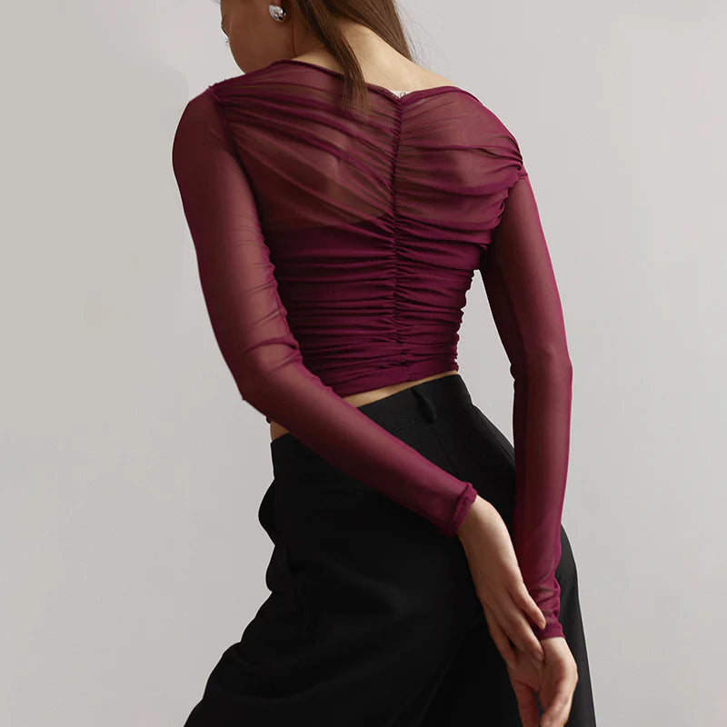 top blouses : Elena - Top croisé en tulle, Manches Longues et Ajusté in van Seroa