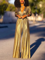 dresses : Sara – Combinaison Émeraude Métallique Élégante à Jambes Larges in L'or van Seroa