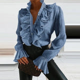 top blouses : Céleste – Blouse Élégante à Volants avec Manches Statement in Bleu van Seroa