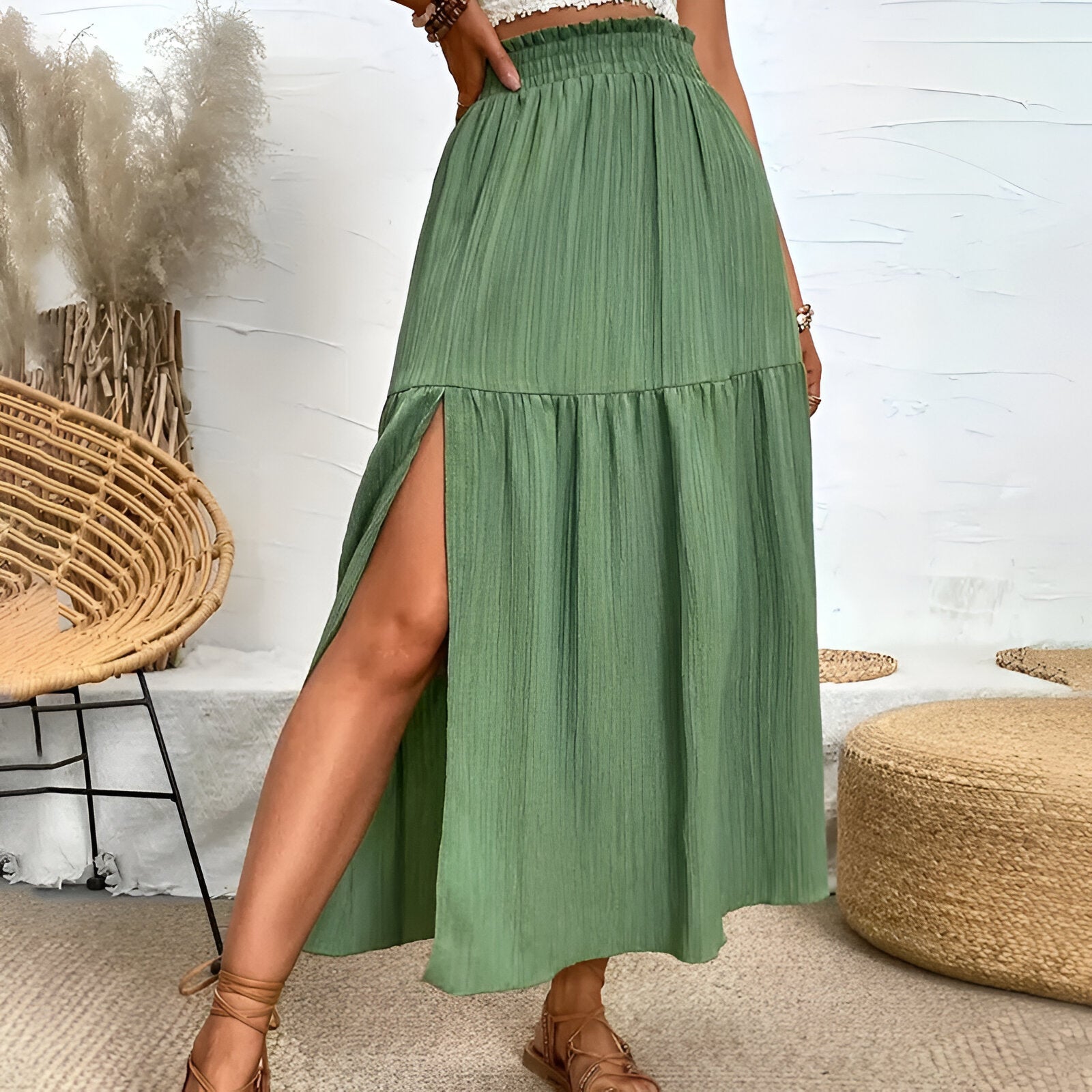 skirts : Nora | Jupe Longue Femme en Tissu Bohemian Taille Haute in Vert van Seroa