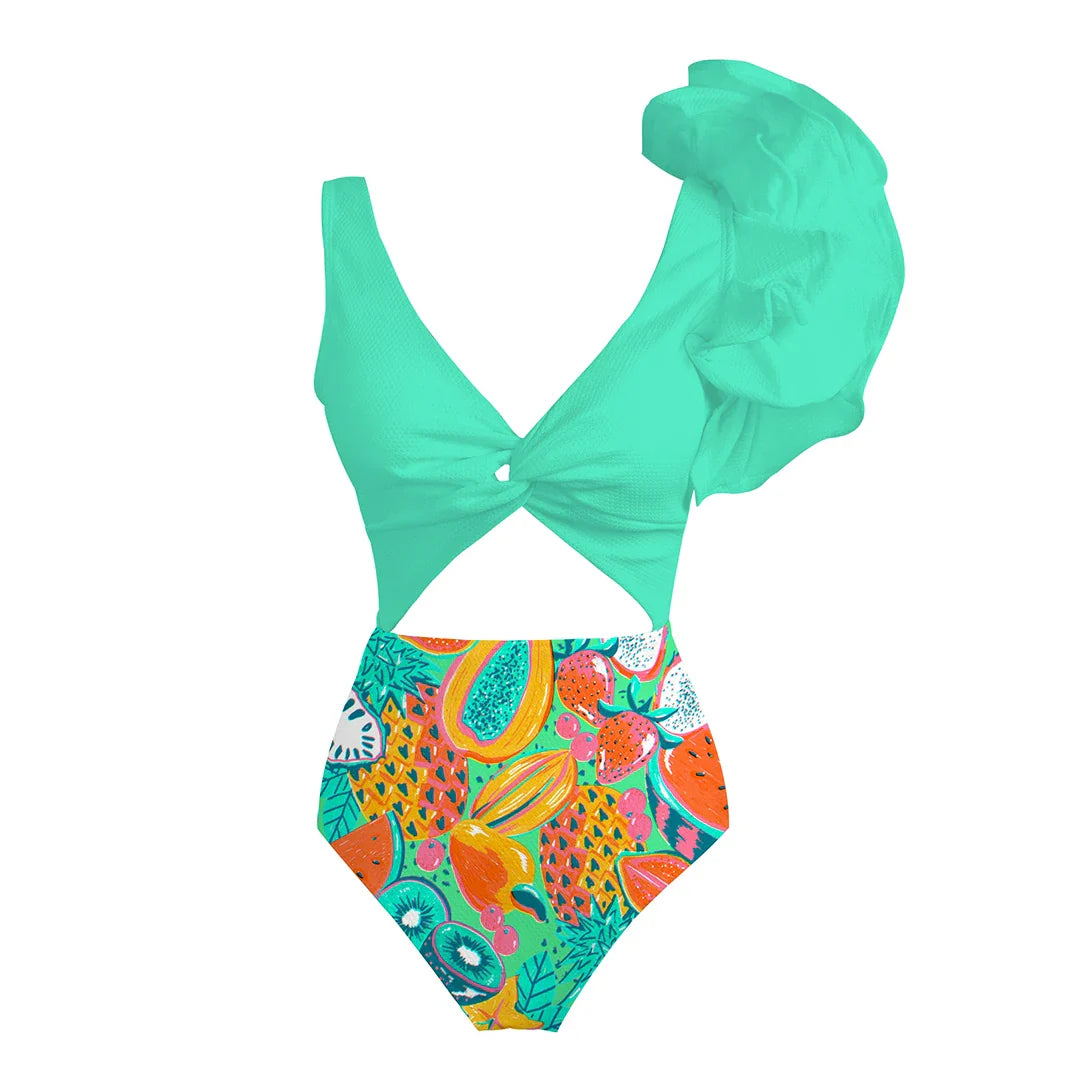 swimwear : Anna - Élégant Maillot de Bain à Découpes avec Volants et Design Asymétrique in Vert van Seroa