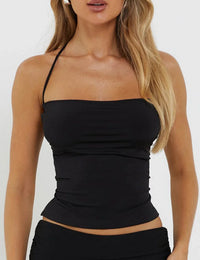 Crop Top Fluide Noir Femme - Dos Nu, Laçage Ajustable,