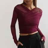 top blouses : Elena - Top croisé en tulle, Manches Longues et Ajusté in van Seroa