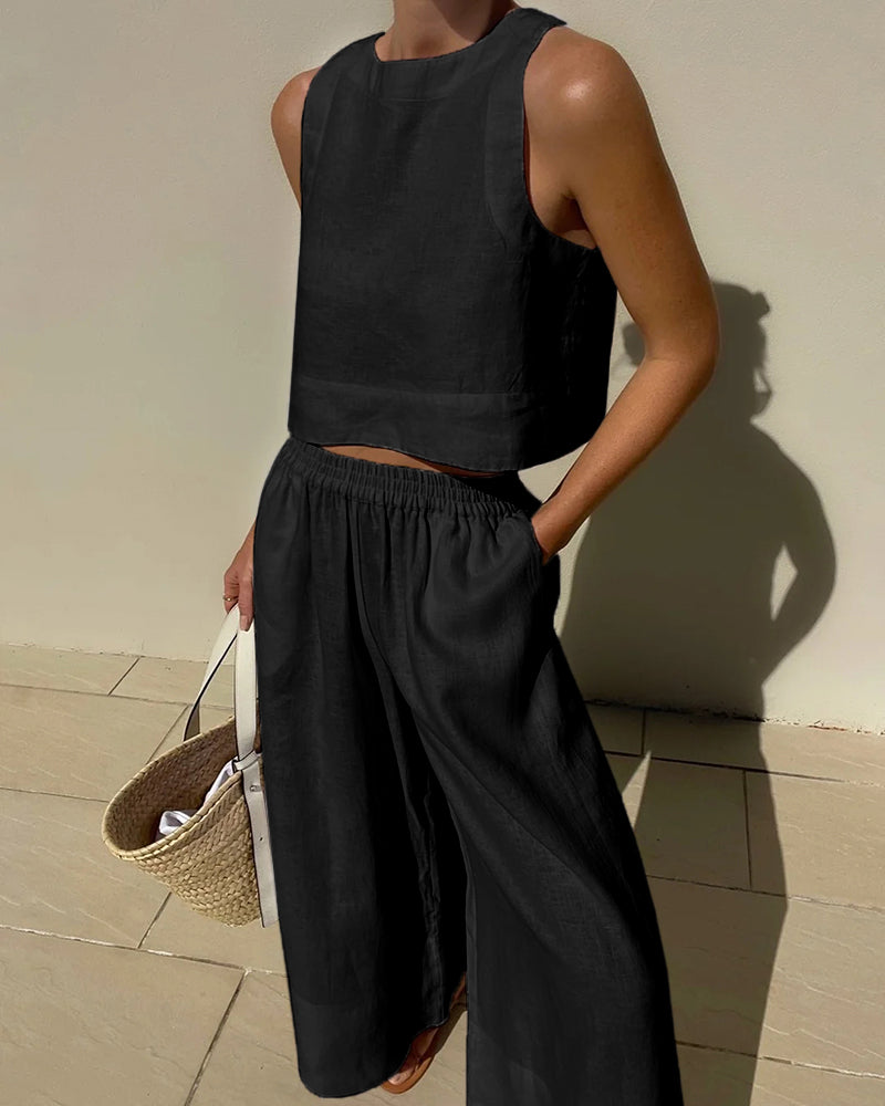 other : Lena - Ensemble Élégant en Lin Deux Pièces avec Pantalon Large & Top Sans Manches in Noir van Seroa
