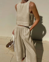 other : Lena - Ensemble Élégant en Lin Deux Pièces avec Pantalon Large & Top Sans Manches in Beige van Seroa