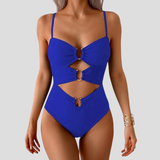 Sexy goldener einteiliger Badeanzug für Damen, tiefer Ausschnitt &