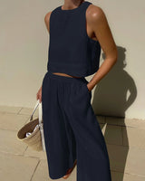 other : Lena - Ensemble Élégant en Lin Deux Pièces avec Pantalon Large & Top Sans Manches in Bleu marine van Seroa