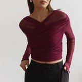 top blouses : Elena - Top croisé en tulle, Manches Longues et Ajusté in van Seroa