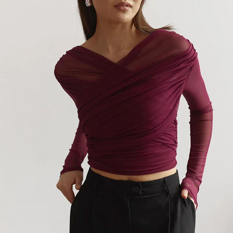 top blouses : Elena - Top croisé en tulle, Manches Longues et Ajusté in van Seroa