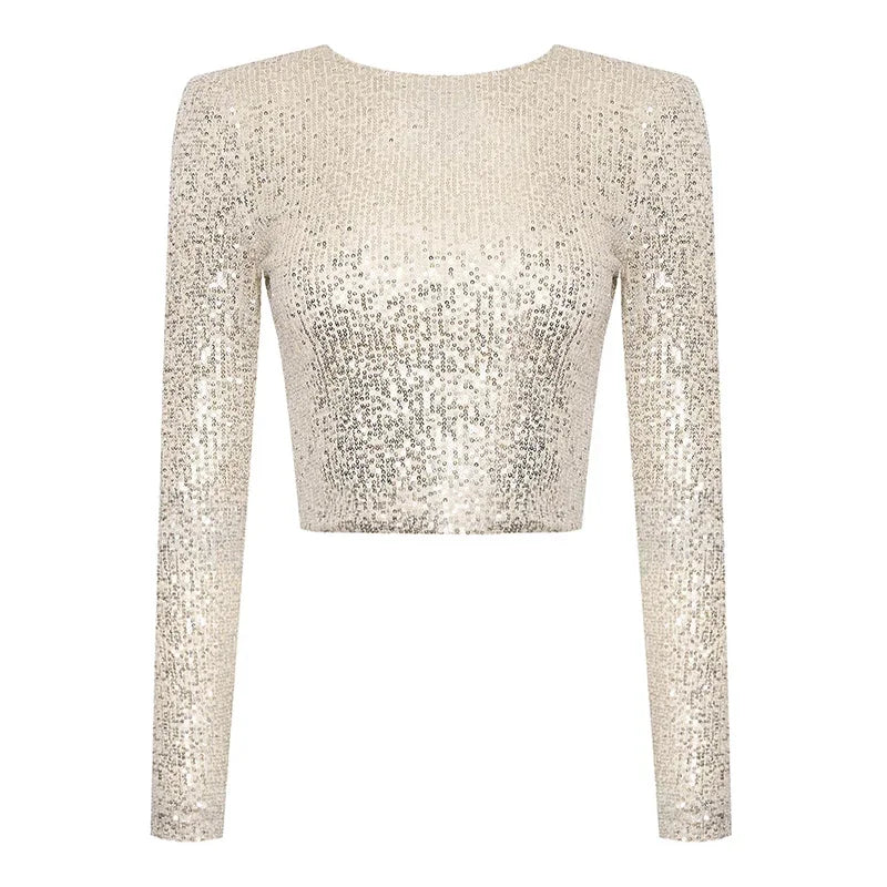 top blouses : Sia – Top Court Élégant à Manches Longues et Sequins in Beige van Seroa