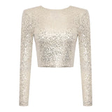 top blouses : Sia – Top Court Élégant à Manches Longues et Sequins in Beige van Seroa