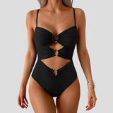 Sexy goldener einteiliger Badeanzug für Damen, tiefer Ausschnitt &