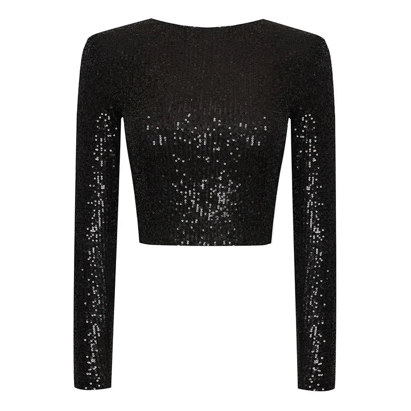 top blouses : Sia – Top Court Élégant à Manches Longues et Sequins in Noir van Seroa