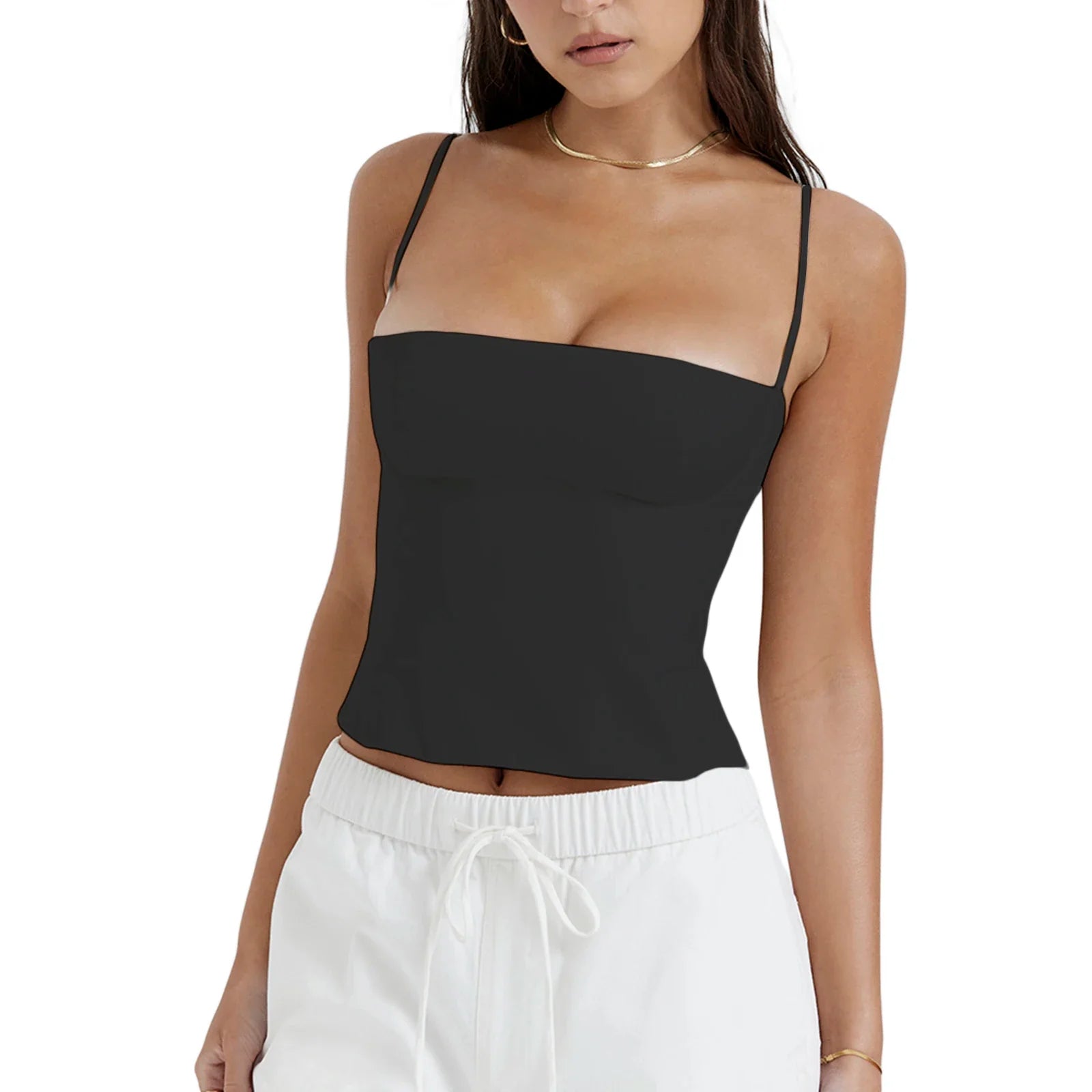 top blouses : Élégant Bustier Crop Top Vintage avec Bretelles Fines in Noir van Seroa
