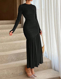 Robe Maxi avec Manches Longues et Détail Volants Femme