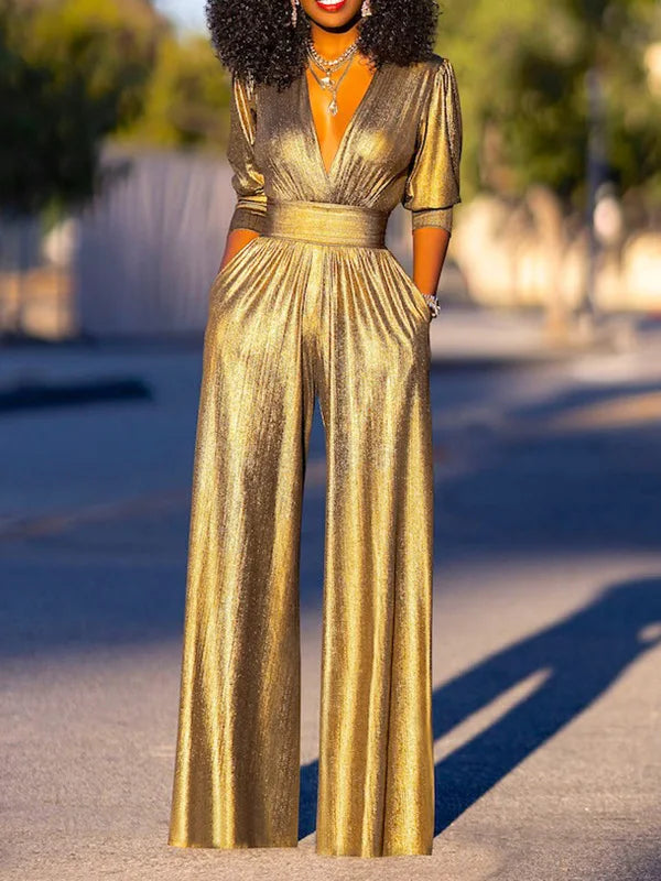 dresses : Sara – Combinaison Émeraude Métallique Élégante à Jambes Larges in van Seroa