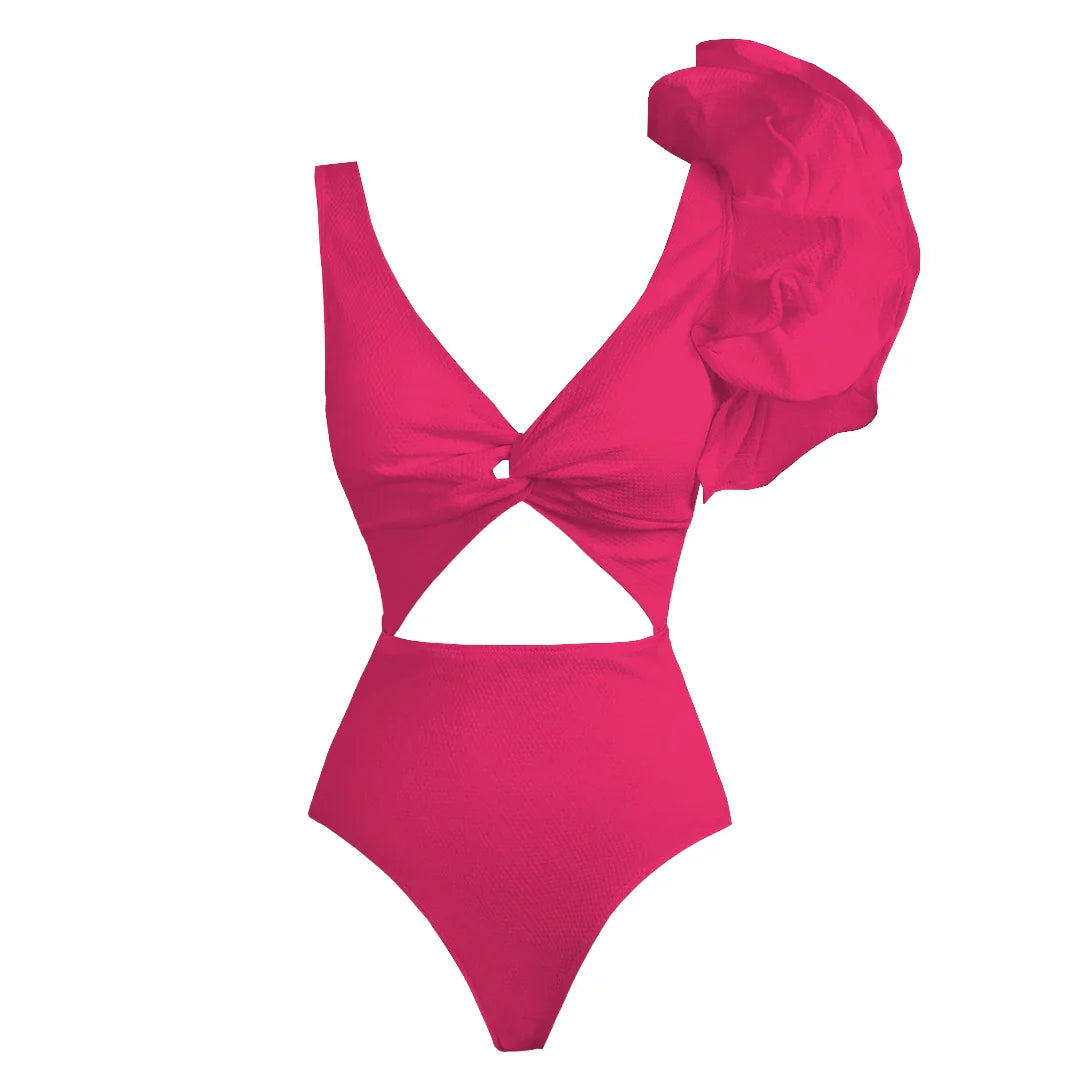 swimwear : Anna - Élégant Maillot de Bain à Découpes avec Volants et Design Asymétrique in Rose van Seroa
