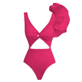 swimwear : Anna - Élégant Maillot de Bain à Découpes avec Volants et Design Asymétrique in Rose van Seroa