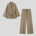 Elegancki lniany kimono damski z paskiem - idealny na lato i wiosnę
